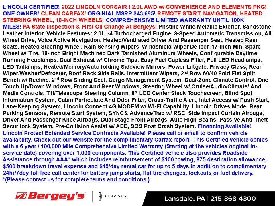 Certified 2022 Lincoln Corsair AWD w/ Equipment Group 101A image 2