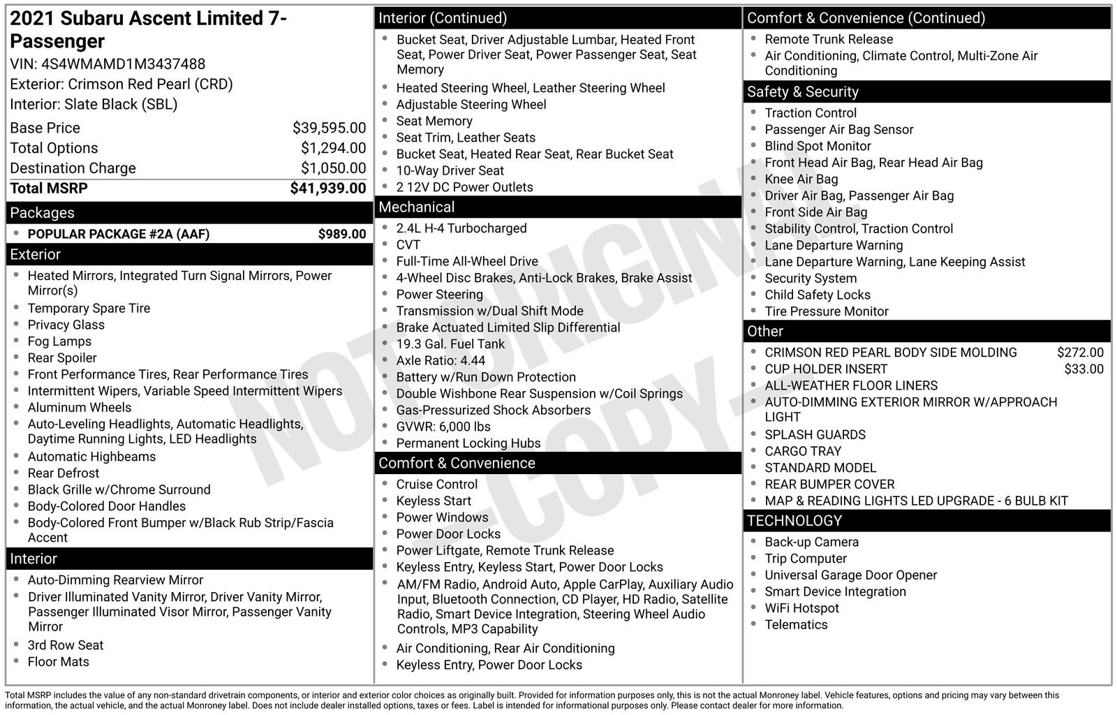 Used 2021 Subaru Ascent Limited w/ Popular Package #2A image 6