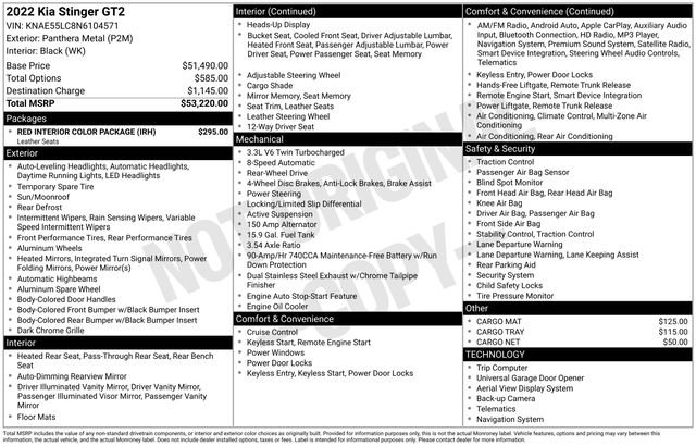 Used 2022 Kia Stinger GT2 w/ Red Interior Color Package image 30