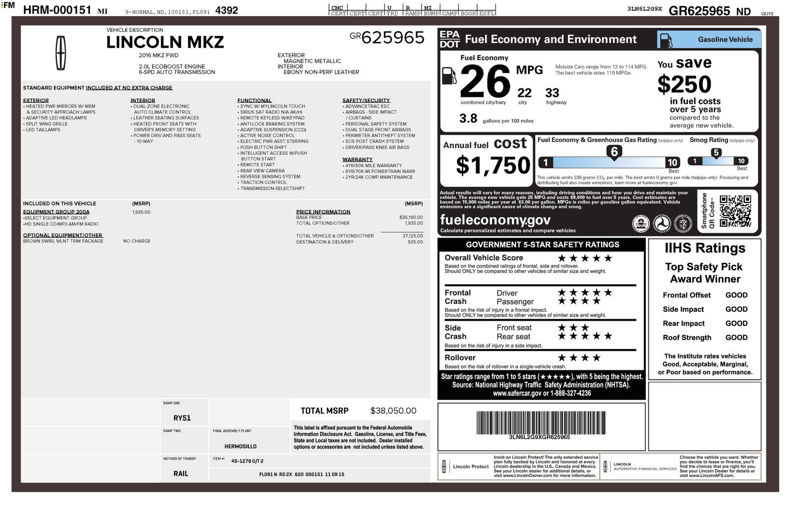 Used 2016 Lincoln MKZ w/ Equipment Group 200A Select FWD image 8