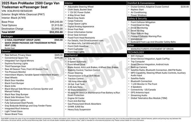 Used 2025 RAM ProMaster 2500 w/ U-Haul Equipment Group FWD image 7