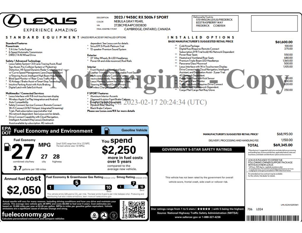 Used 2023 Lexus RX 500h F Sport w/ Accessory Package (Z1) AWD/4WD image 2