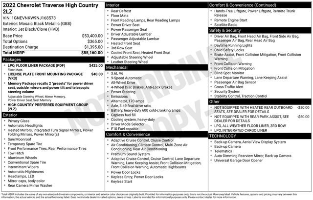 Used 2022 Chevrolet Traverse High Country w/ LPO, Floor Liner Package image 39