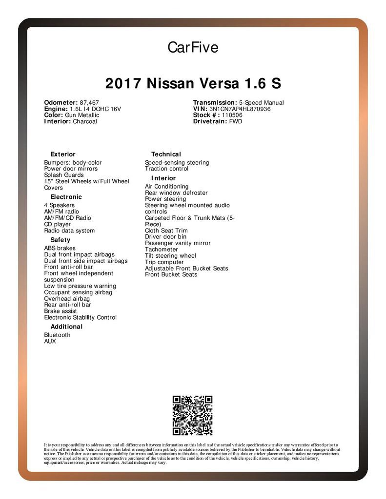 Used 2017 Nissan Versa S FWD image 28