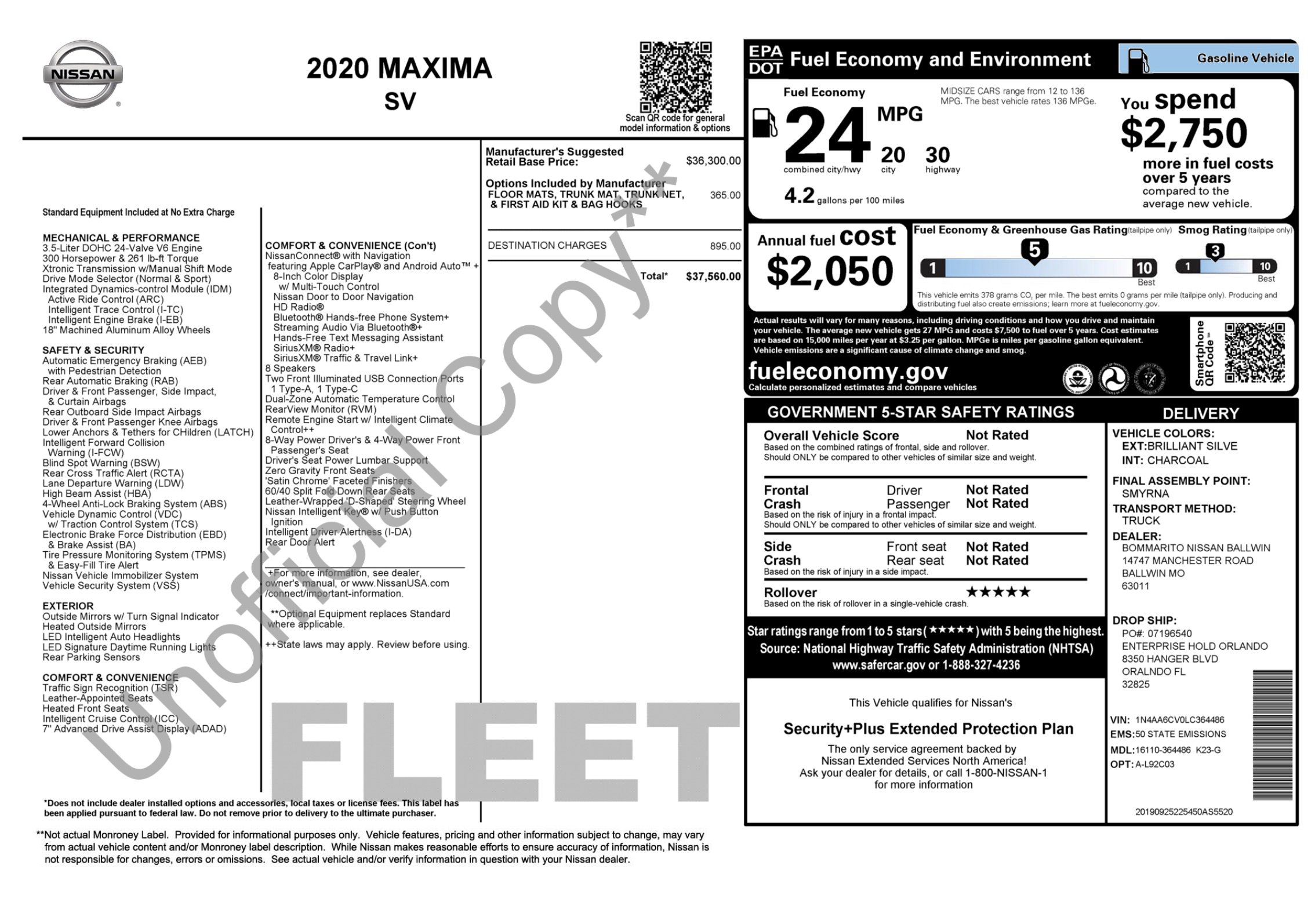 Used 2020 Nissan Maxima 3.5 SV w/ Floor Mat Group FWD image 4