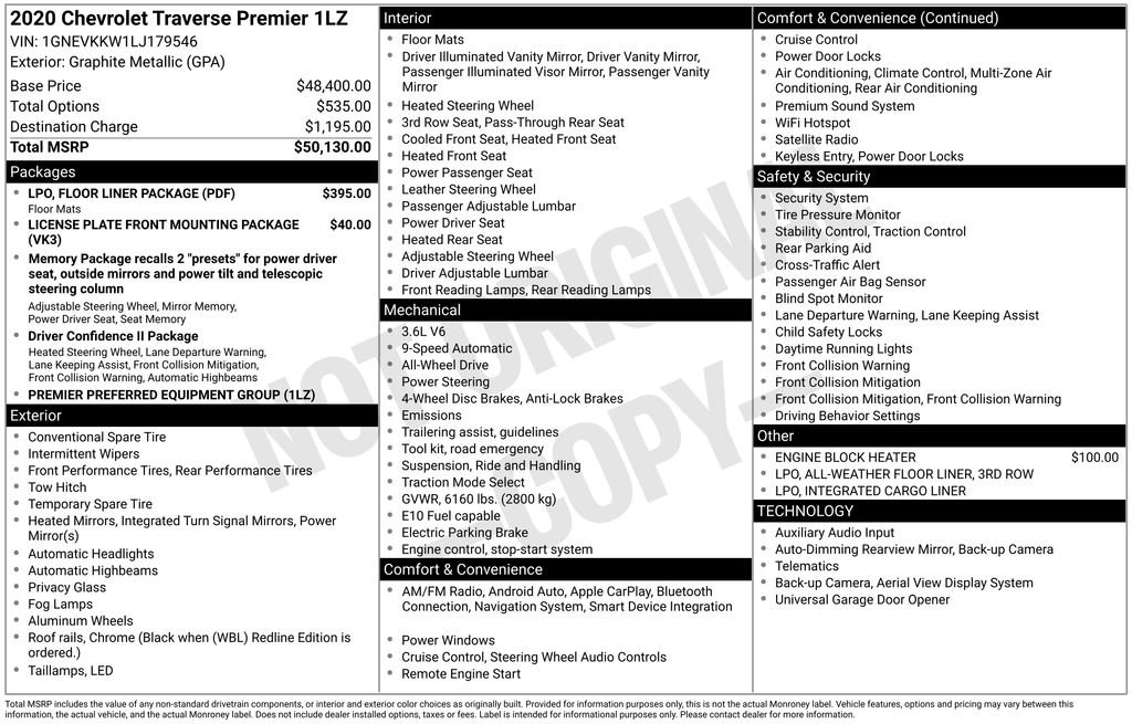 Used 2020 Chevrolet Traverse Premier w/ LPO, Floor Liner Package image 15