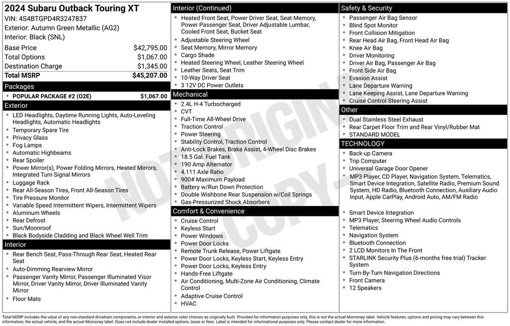 Used 2024 Subaru Outback Touring XT w/ Popular Package #2 AWD/4WD image 6
