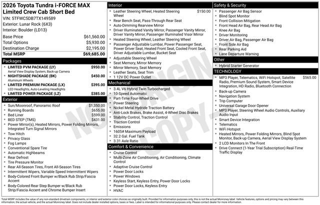 New 2026 Toyota Tundra Limited w/ Limited PVM Package AWD/4WD image 2