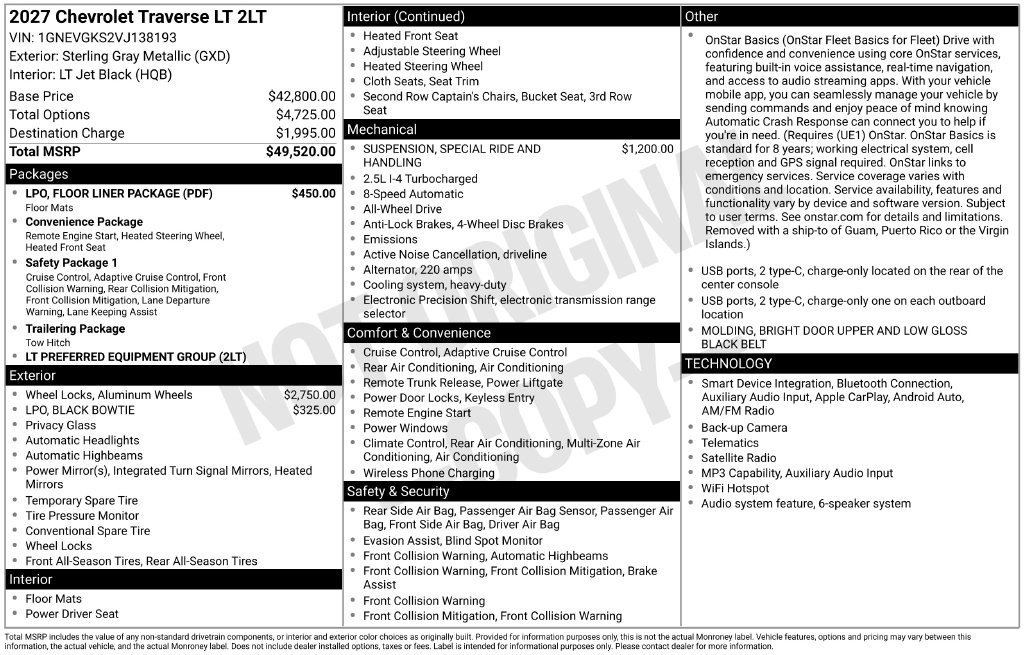 New 2027 Chevrolet Traverse LT w/ LPO, Floor Liner Package AWD/4WD image 6