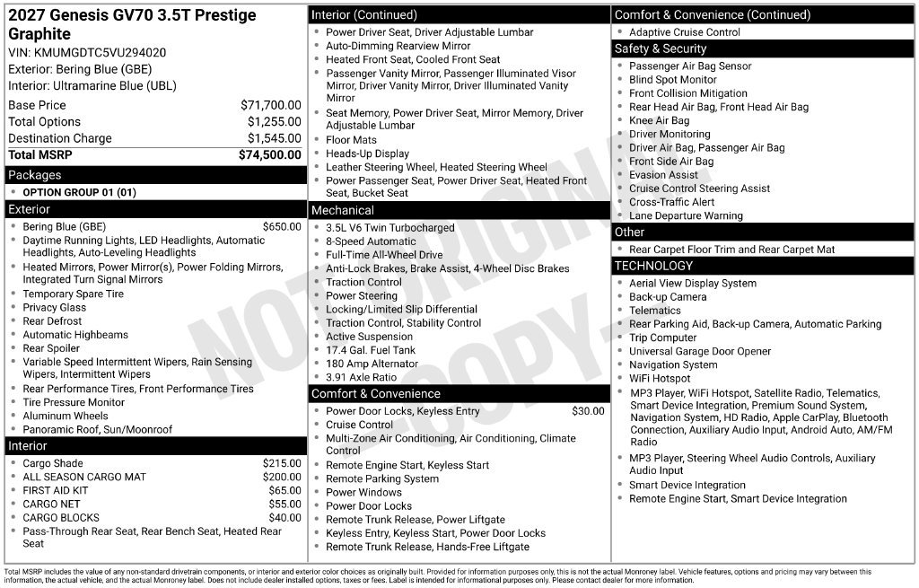 New 2027 Genesis GV70 3.5T Prestige AWD/4WD image 4