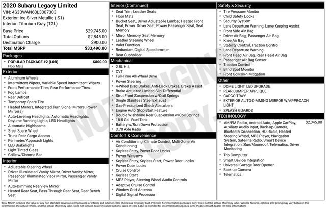 Used 2020 Subaru Legacy Limited w/ Popular Package #2 image 34