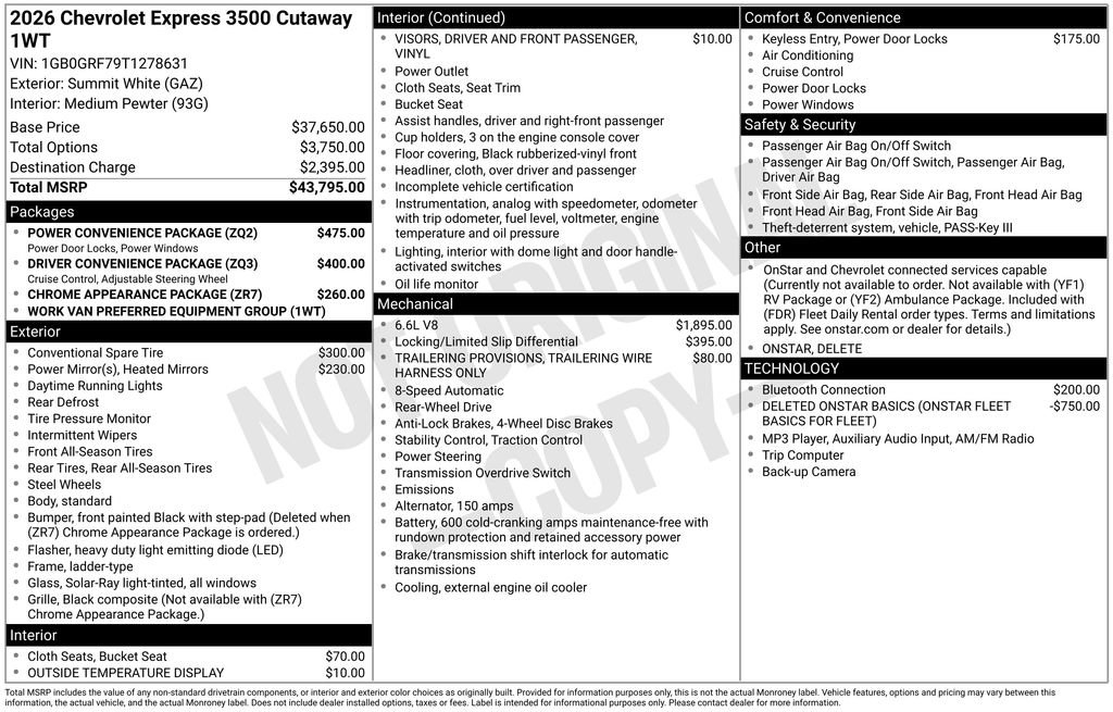 New 2026 Chevrolet Express 3500 w/ Power Convenience Package RWD image 2