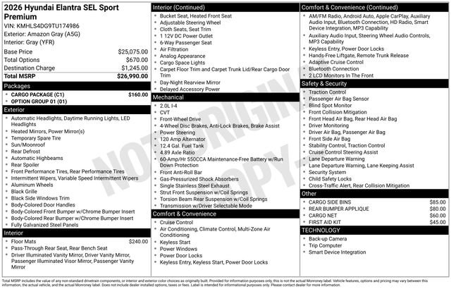 New 2026 Hyundai Elantra SEL Sport Premium w/ Cargo Package FWD image 4