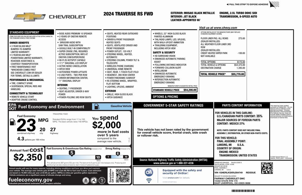 Certified 2024 Chevrolet Traverse RS w/ LPO, Floor Liner Package image 4
