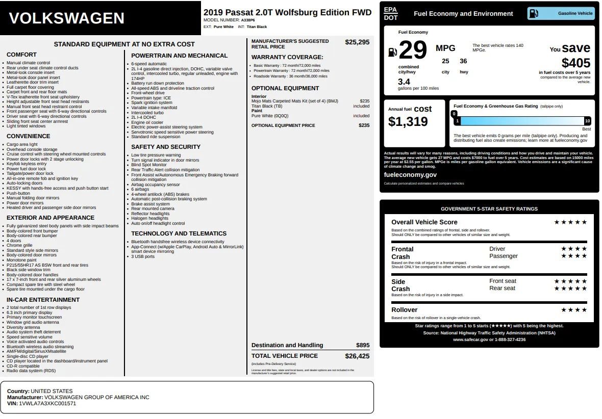 Used 2019 Volkswagen Passat 2.0T Wolfsburg w/ Wheels & Sunroof Package image 58