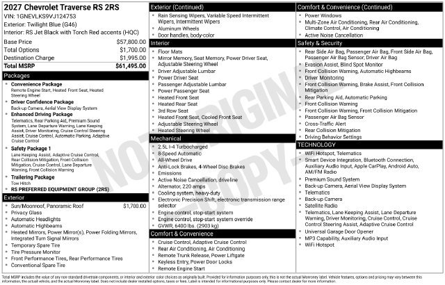 New 2027 Chevrolet Traverse RS AWD/4WD image 38