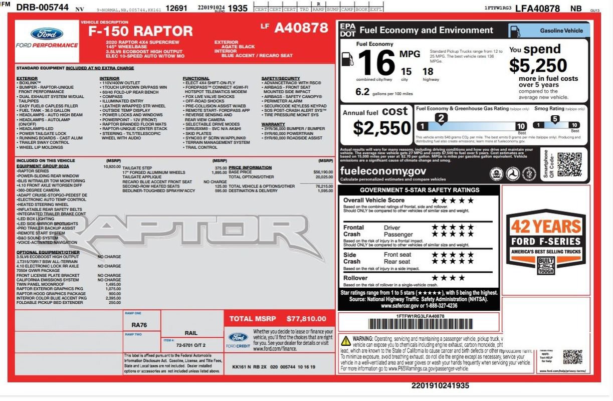 Used 2020 Ford F150 Raptor w/ Equipment Group 802A Luxury AWD/4WD image 34