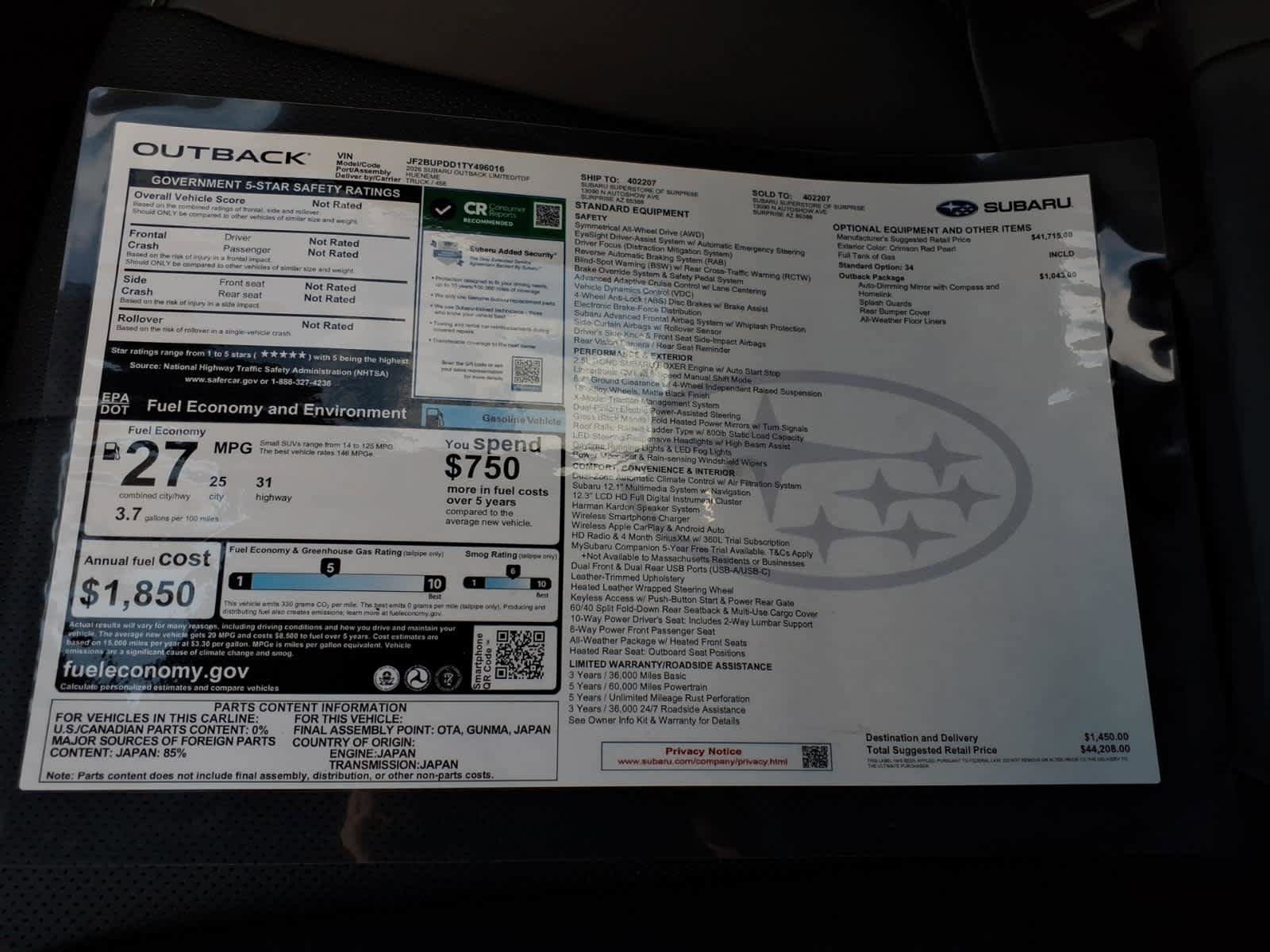 New 2026 Subaru Outback Limited AWD/4WD image 40
