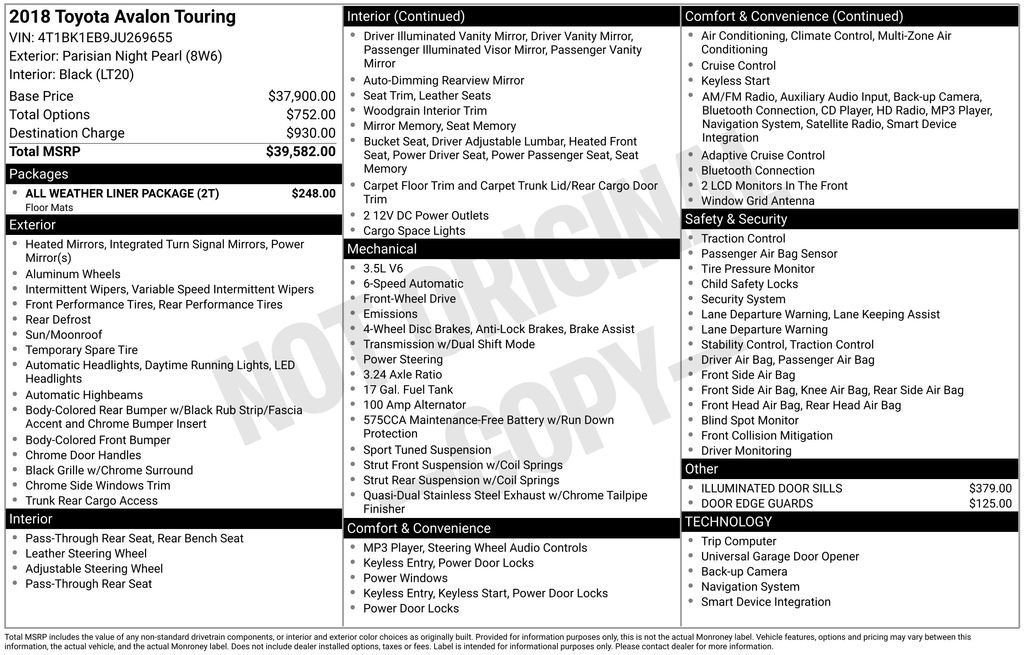 Used 2018 Toyota Avalon Touring w/ All Weather Liner Package image 2