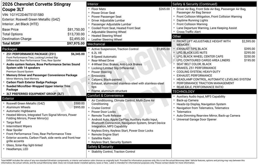 New 2026 Chevrolet Corvette Stingray Premium Cpe w/ Z51 Performance Package image 9