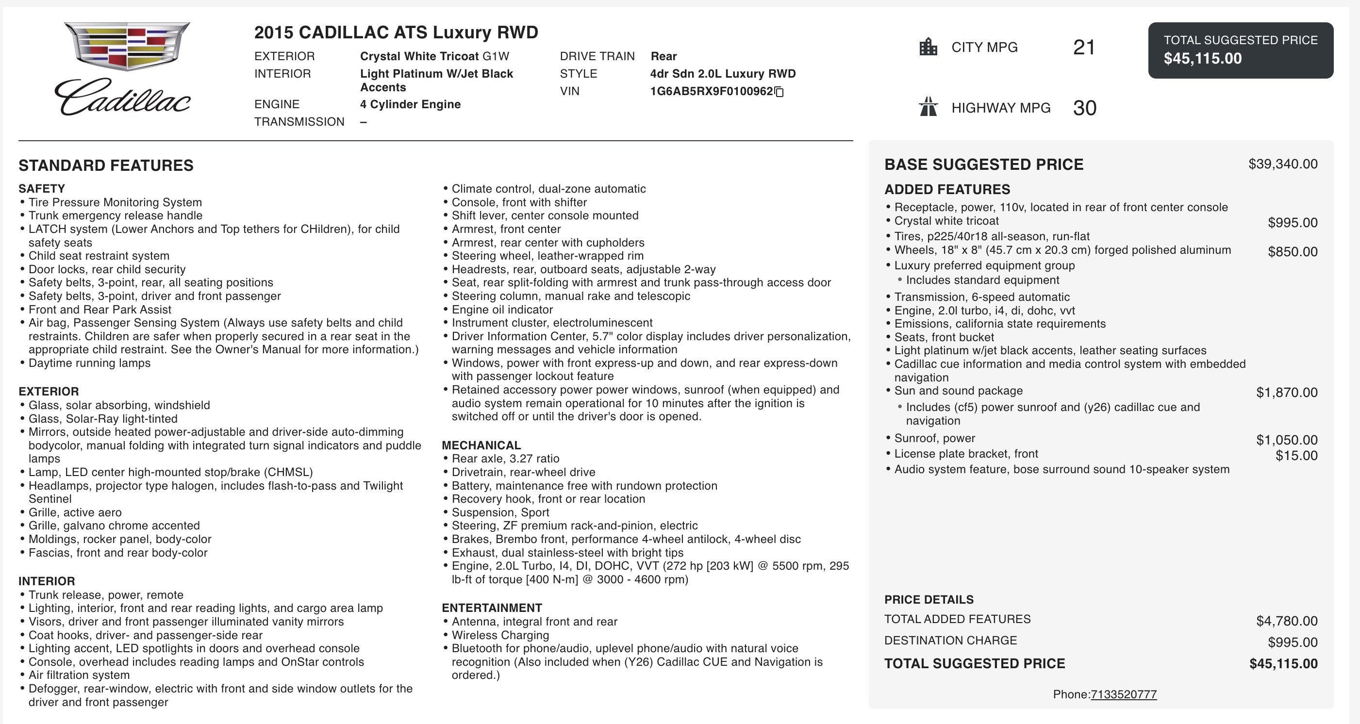 Used 2015 Cadillac ATS Luxury w/ Sun And Sound Package RWD image 7