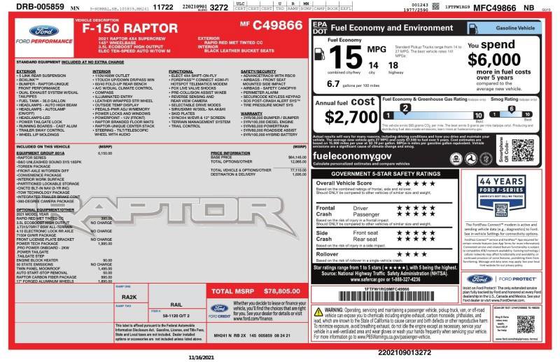 Used 2021 Ford F150 Raptor w/ Equipment Group 801A High image 3