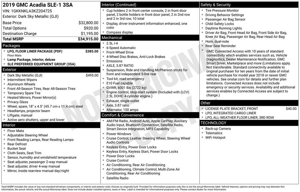 Used 2019 GMC Acadia SLE w/ LPO, Floor Liner Package FWD image 2