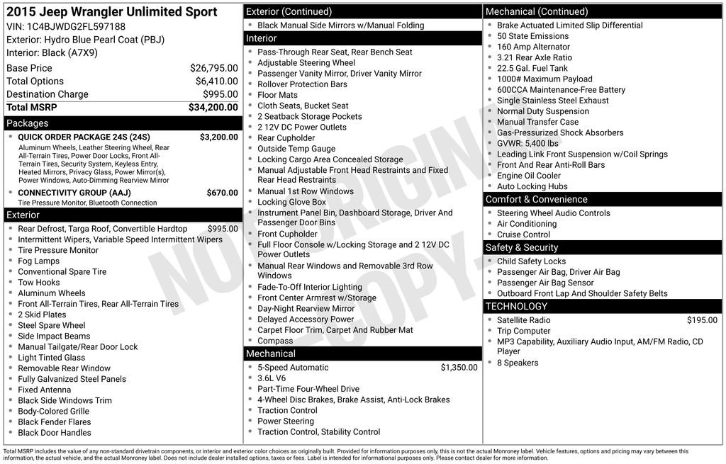 Used 2015 Jeep Wrangler Unlimited Sport w/ Quick Order Package 24S AWD/4WD image 15