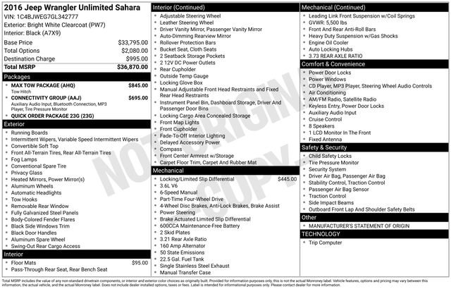 Used 2016 Jeep Wrangler Unlimited Sahara w/ Max Tow Package image 1