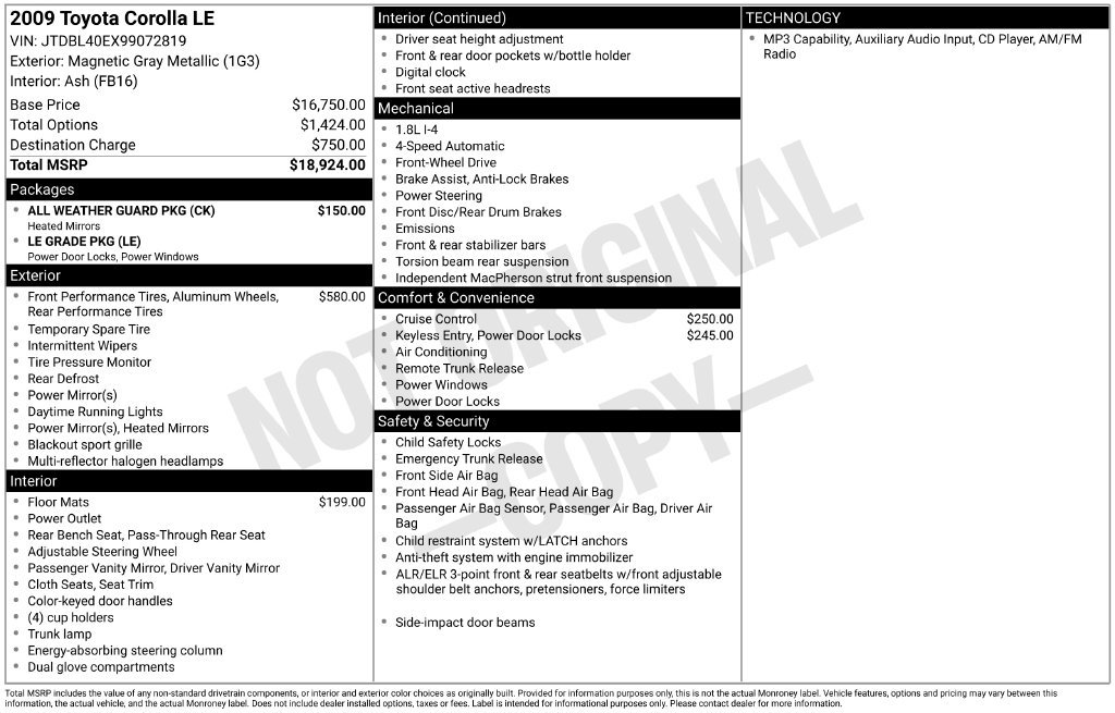 Used 2009 Toyota Corolla LE w/ All Weather Guard Pkg FWD image 6
