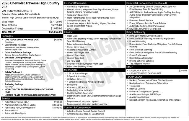 New 2026 Chevrolet Traverse High Country w/ LPO, Floor Liner Package AWD/4WD image 17
