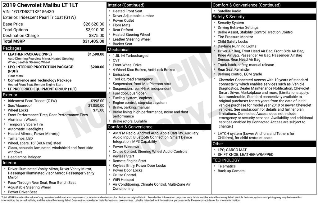 Used 2019 Chevrolet Malibu LT w/ Leather Package FWD image 1