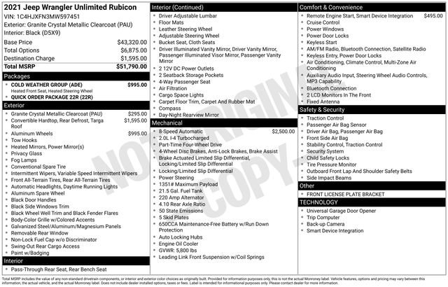 Used 2021 Jeep Wrangler Unlimited Rubicon w/ Cold Weather Group AWD/4WD image 48