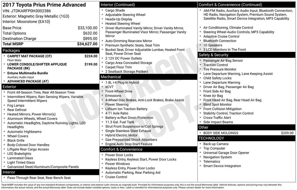 Used 2017 Toyota Prius Prime Advanced w/ Carpet Mat Package image 2