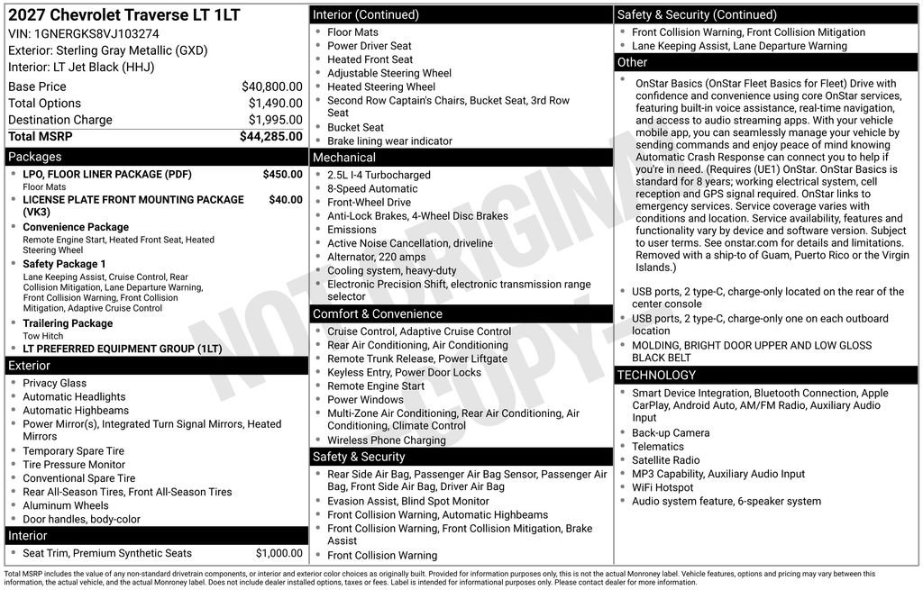 New 2027 Chevrolet Traverse LT w/ LPO, Floor Liner Package FWD image 18