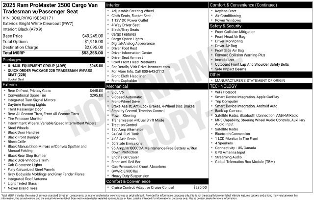 Used 2025 RAM ProMaster 2500 w/ U-Haul Equipment Group FWD image 5