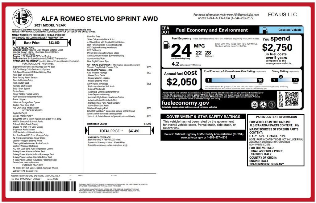 Used 2021 Alfa Romeo Stelvio Sprint w/ Cold Weather Package AWD/4WD image 3