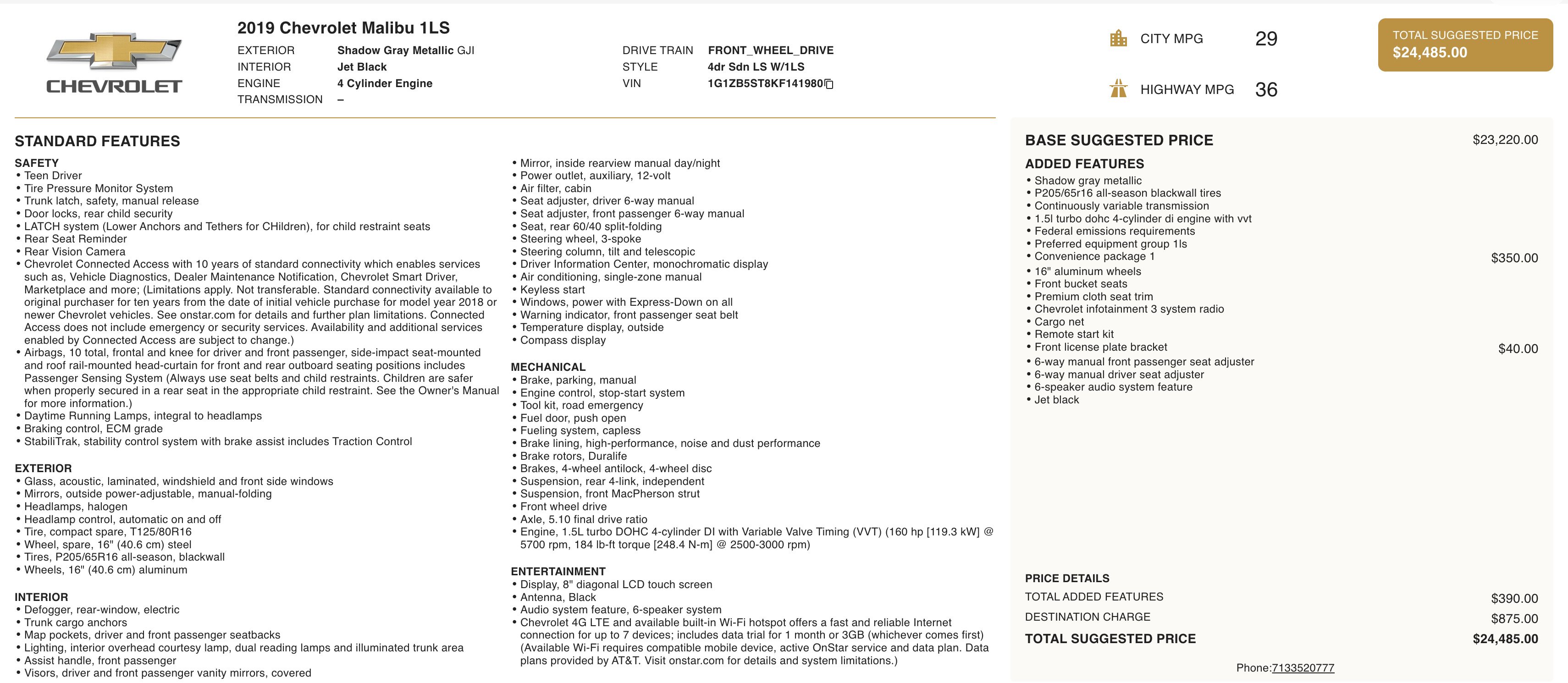 Used 2019 Chevrolet Malibu LS w/ LPO, Convenience Package 1 image 3