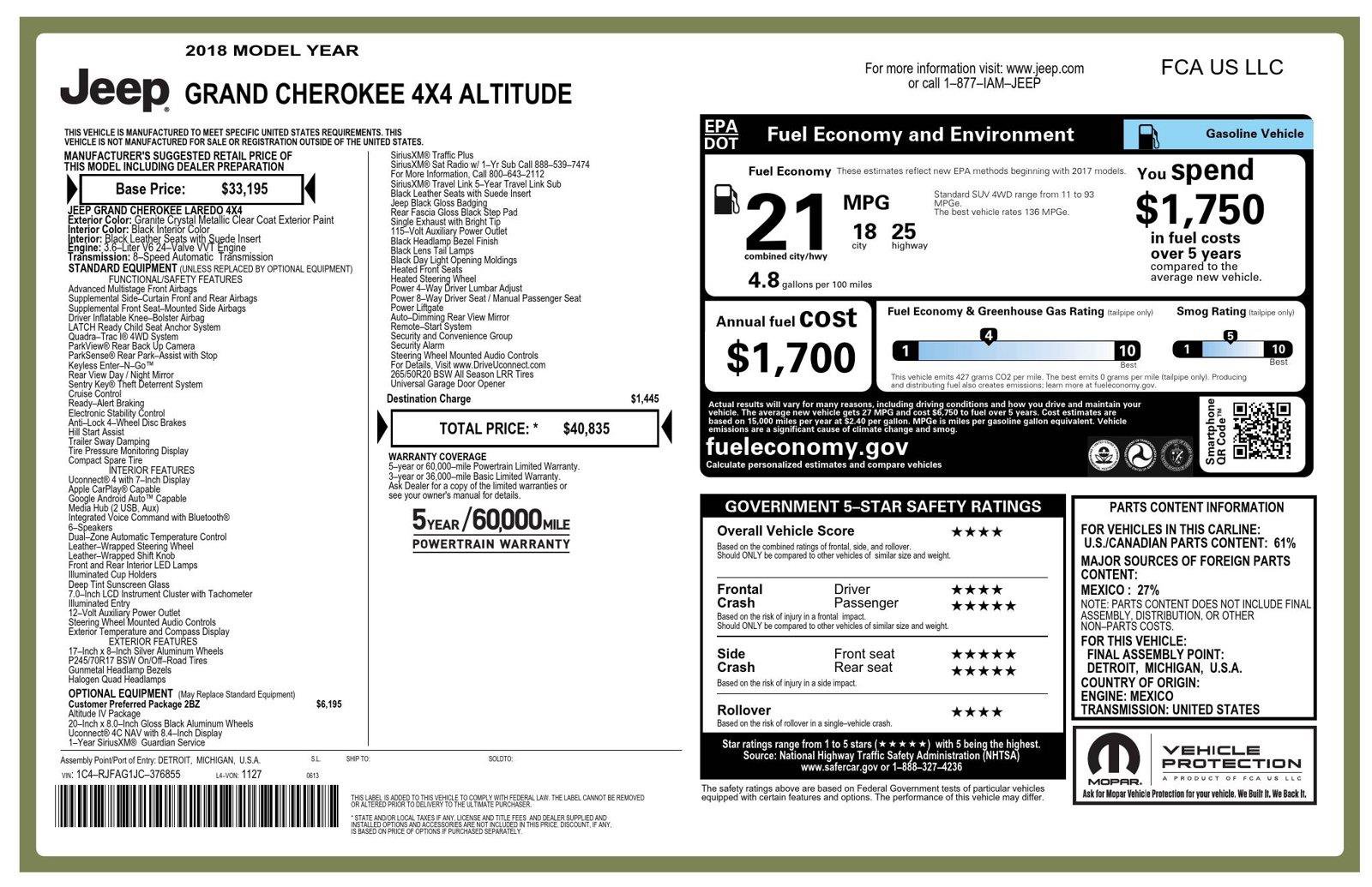Certified 2018 Jeep Grand Cherokee Altitude AWD/4WD image 31