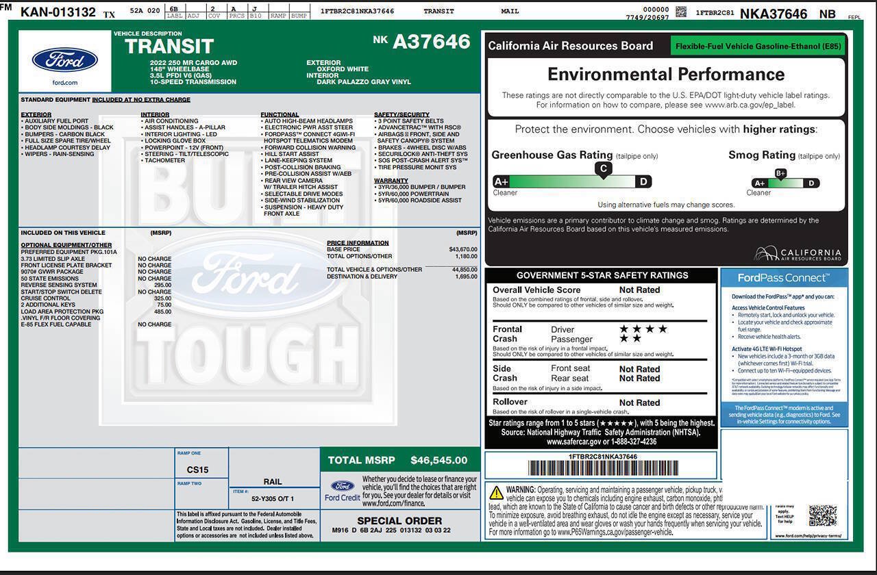 Used 2022 Ford Transit 250 Medium Roof AWD w/ Load Area Protection Package image 7