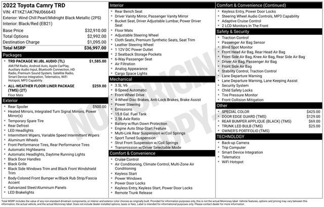 Used 2022 Toyota Camry TRD w/ TRD Package w/JBL Audio FWD image 29