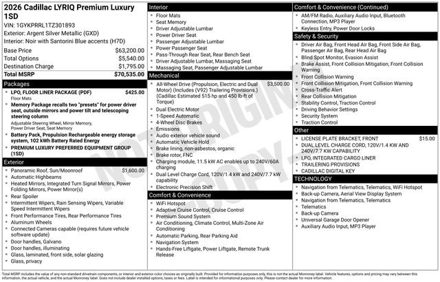 New 2026 Cadillac Lyriq Premium Luxury w/ LPO, Floor Liner Package image 2