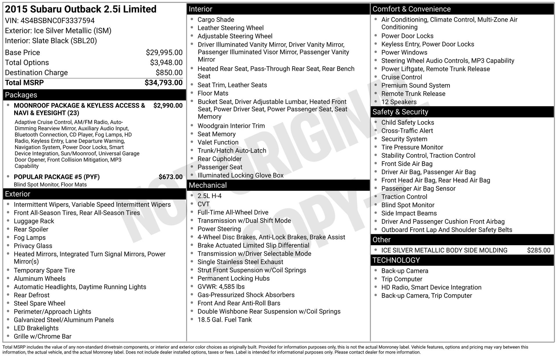 Used 2015 Subaru Outback 2.5i Limited AWD/4WD image 3