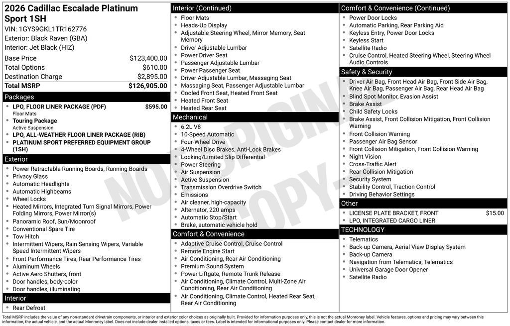 Used 2026 Cadillac Escalade Platinum Sport w/ LPO, Floor Liner Package image 47