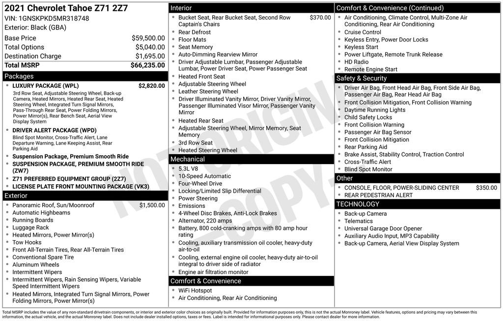 Used 2021 Chevrolet Tahoe Z71 w/ Luxury Package AWD/4WD image 46