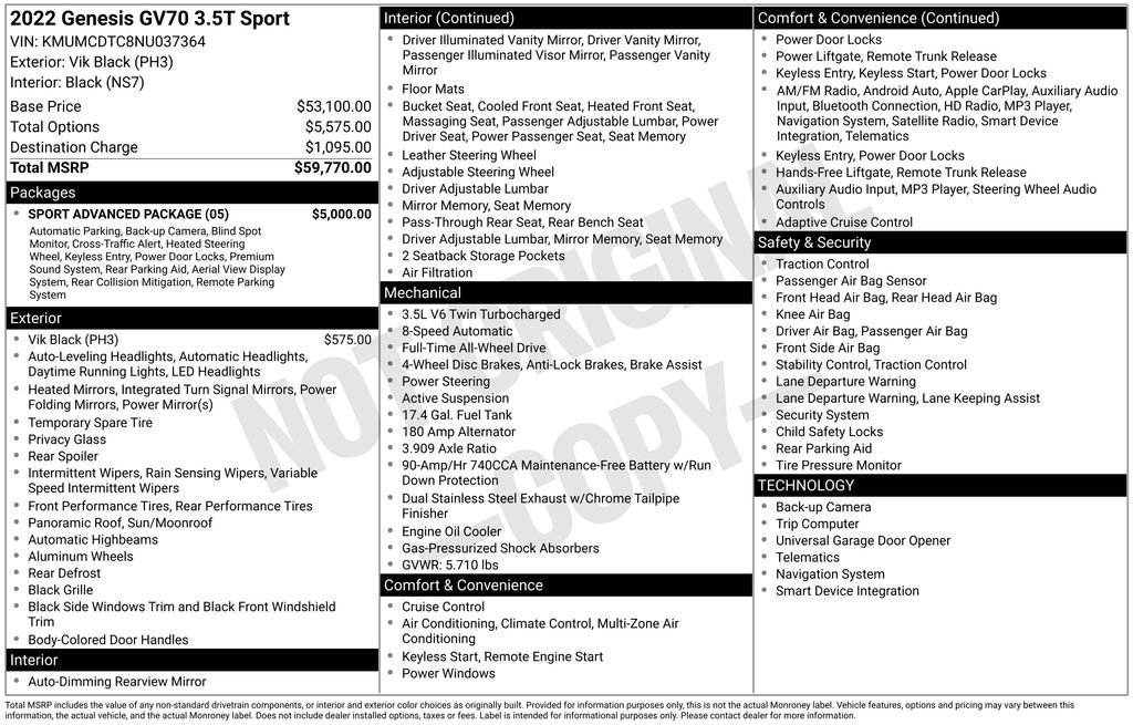 Used 2022 Genesis GV70 3.5T Sport w/ Sport Advanced Package image 54