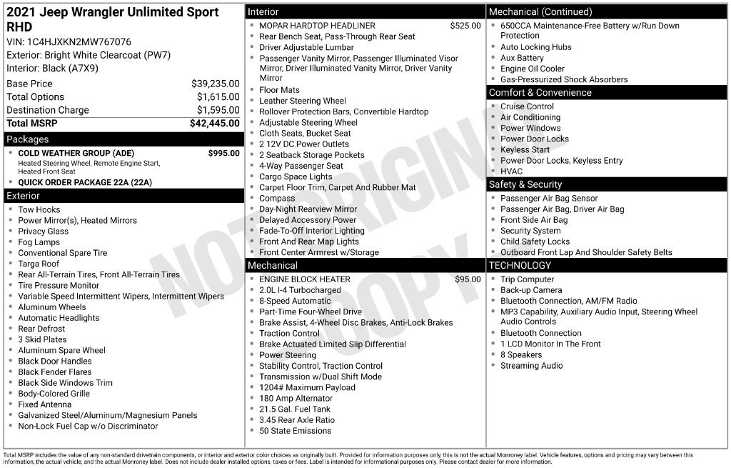 Used 2021 Jeep Wrangler Unlimited Sport w/ Cold Weather Group AWD/4WD image 5