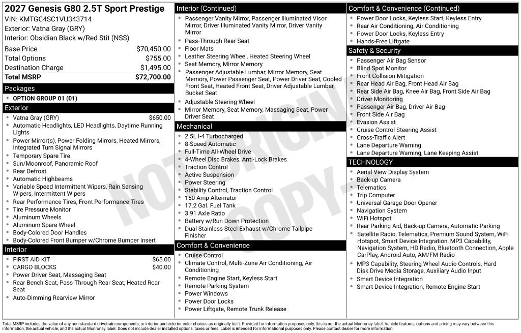 New 2027 Genesis G80 2.5T Sport Prestige AWD/4WD image 8