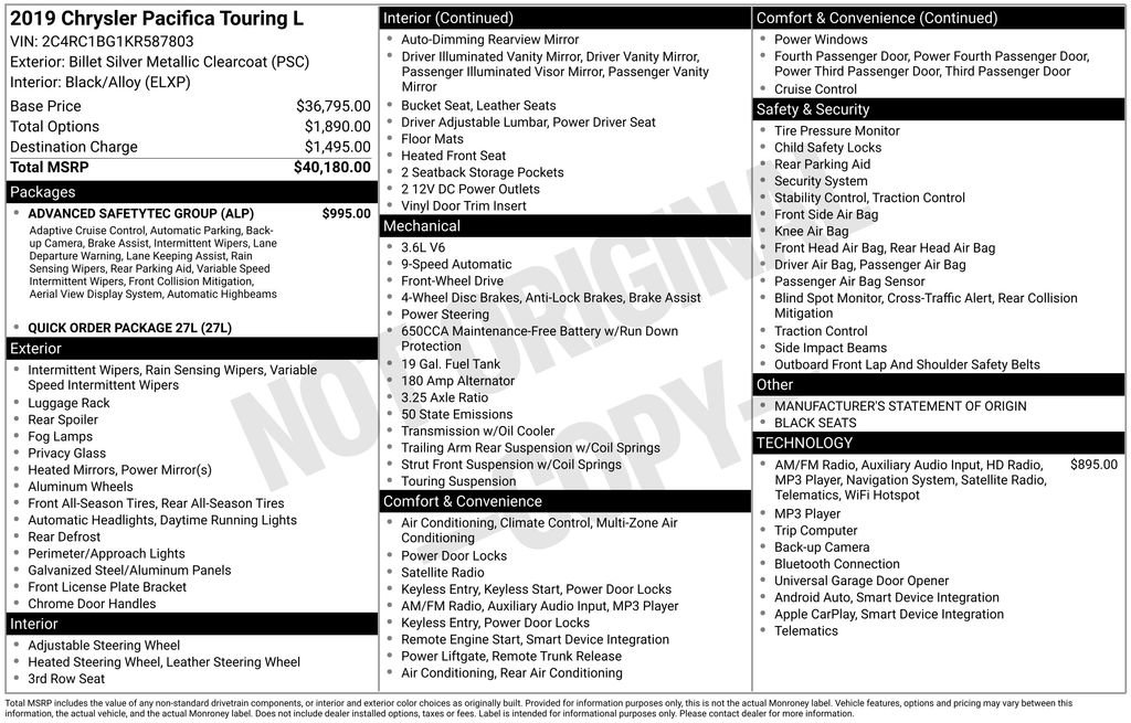 Used 2019 Chrysler Pacifica Touring-L w/ Advanced Safetytec Group image 14