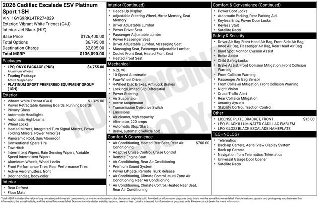 New 2026 Cadillac Escalade ESV Platinum Sport w/ LPO, ONYX Package AWD/4WD image 31